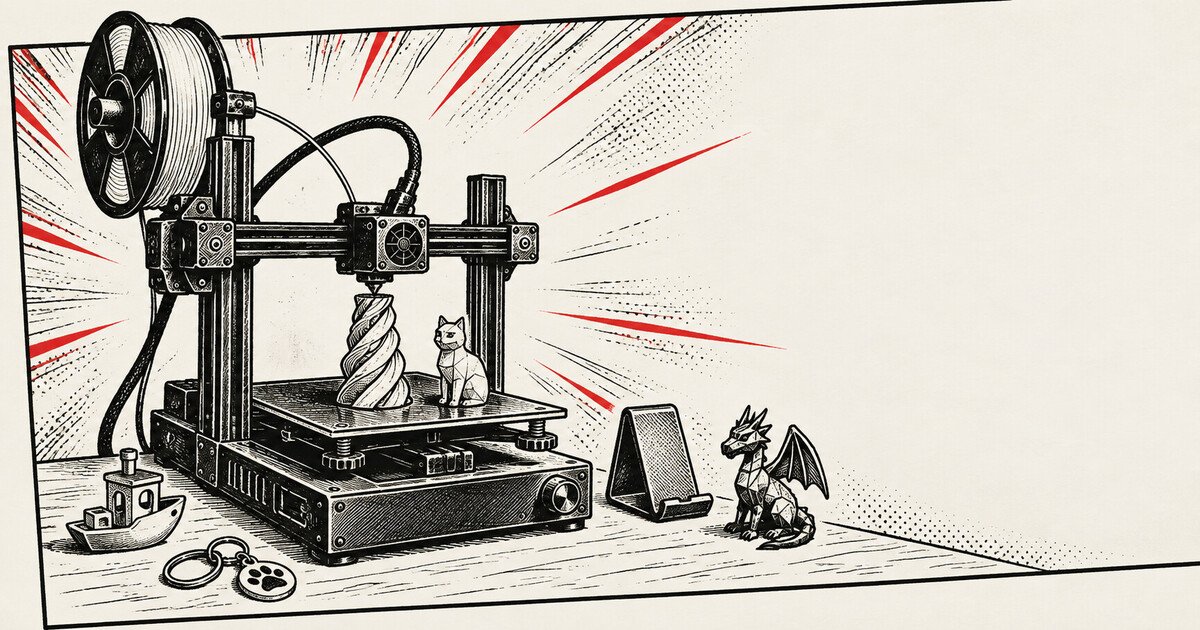 Ink drawing of a desktop 3D printer part-way through a print, with a printed cat, a small boat, a keyring charm, a phone stand and a dragon figure set around it.